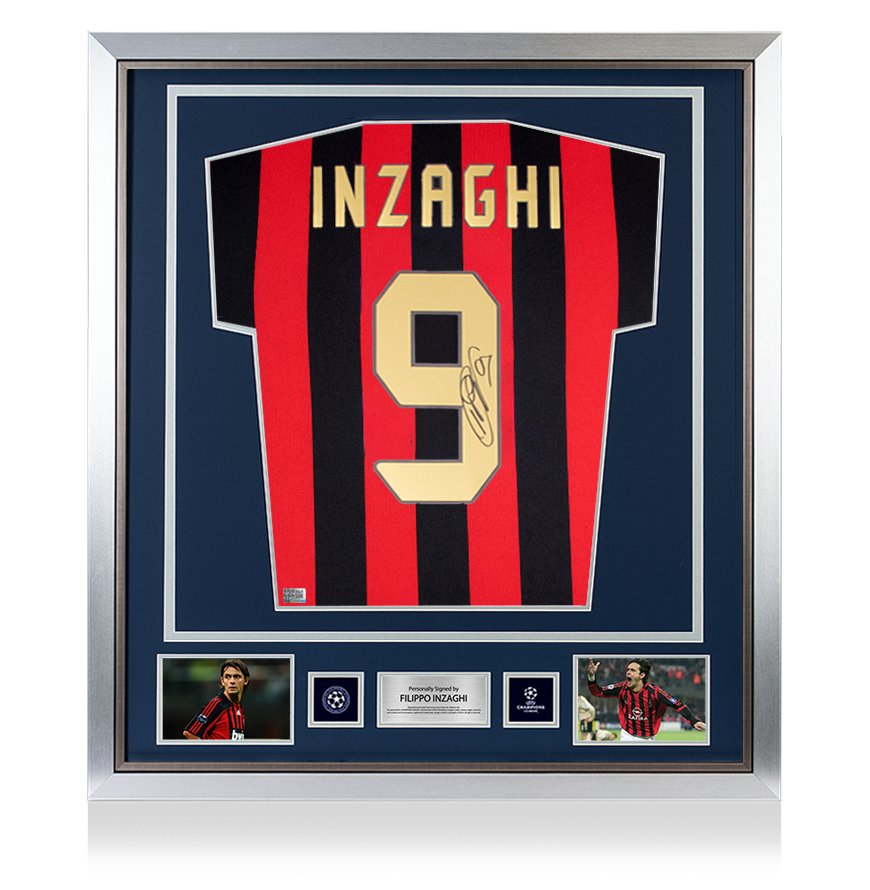 Maglia storica Home dell&#39;AC Milan, autografata e incorniciata, ufficiale della UEFA Champions League di Filippo Inzaghi