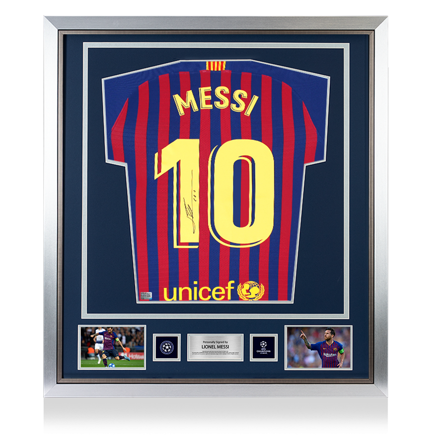 Lionel Messi, offizielles, signiertes und gerahmtes Heimtrikot des FC Barcelona 2018-19 auf der Rückseite der UEFA Champions League mit Nummern im Fan-Stil