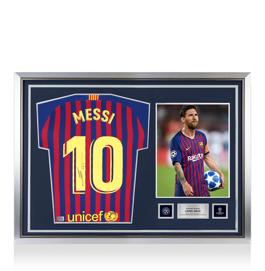 Lionel Messi Oficial de la UEFA Champions League firmado y héroe enmarcado FC Barcelona 2018-19 Camiseta en casa con números de estilo de fanáticos