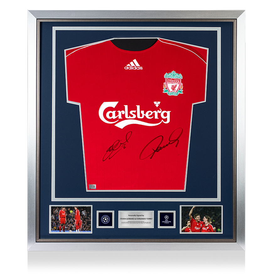 Steven Gerrard &amp; Fernando Torres Official UEFA Champions League Signed and Framed Liverpool 2006-08 Home Shirt