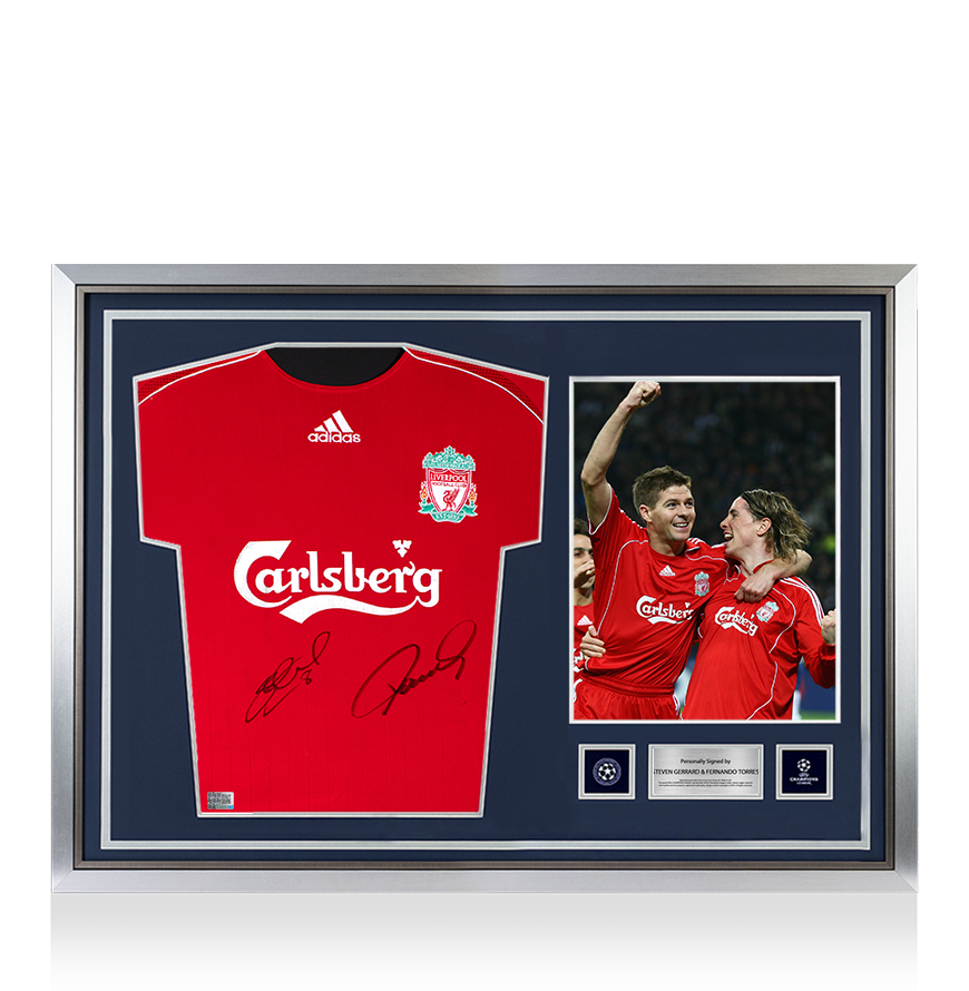 Steven Gerrard &amp; Fernando Torres officiel de l&#39;UEFA Champions League en arrière signé et héros encadré Liverpool 2006-08