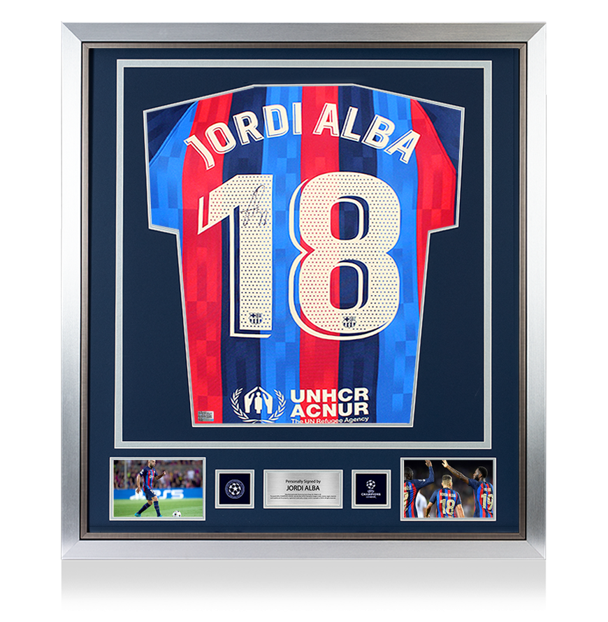 Jordi Alba OFFICIEL UEFA Champions League en arrière a signé et encadré FC Barcelone 2022-23 Home Shirt