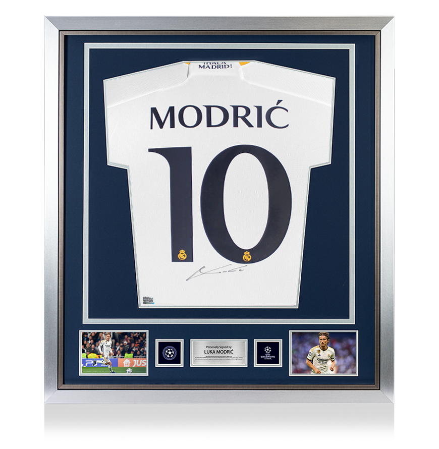 PRE-FRAMED Luka Modric Official UEFA Champions League Back Signed and Framed Real Madrid CF 2023-24 Home Shirt UEFA Club Competitions Online Store