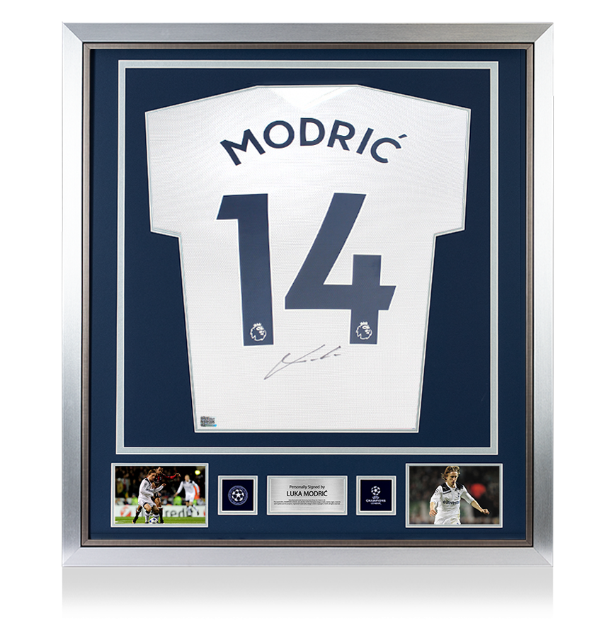 Maglia ufficiale del Tottenham Hotspur 2021-22 di Luka Modric, autografata e incorniciata dalla UEFA Champions League