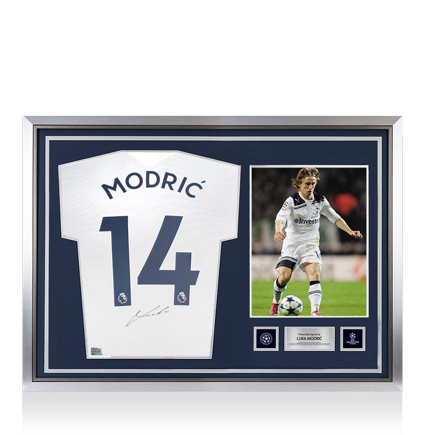 Luka Modric, offizieller UEFA-Champions-League-Rücken, signiert und mit Heldenrahmen versehen, Tottenham Hotspur 2021-22 Heimtrikot