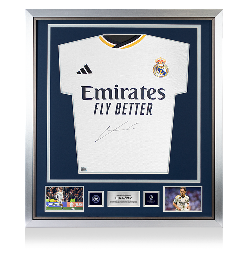 Luka Modric Oficial de la UEFA Champions League Falte firmado y enmarcado Real Madrid 2023-24 Camiseta en casa