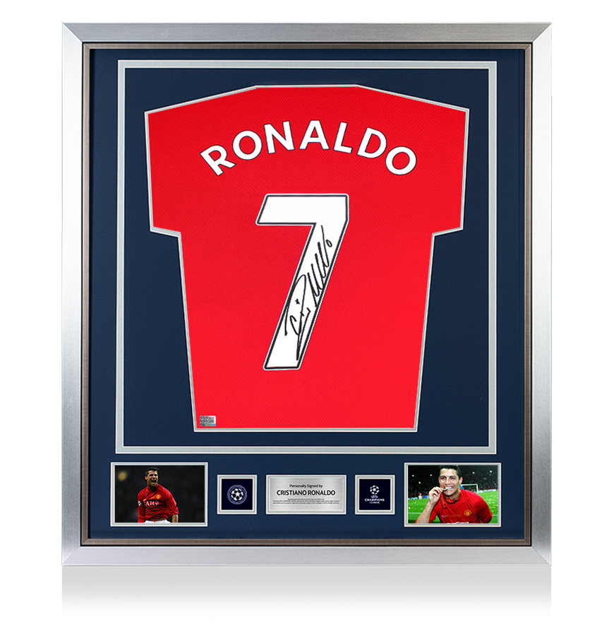 Cristiano Ronaldo Oficial de la UEFA Champions League firmada y enmarcada Manchester United 2019-20 Camisa de casa con números de estilo de fanáticos
