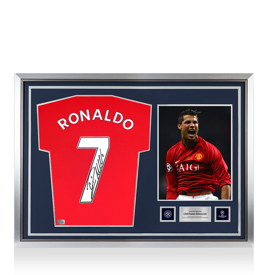 Cristiano Ronaldo, offizieller UEFA-Champions-League-Rücken, signiertes und gerahmtes Heimtrikot von Manchester United 2019–20 mit Nummern im Fan-Stil