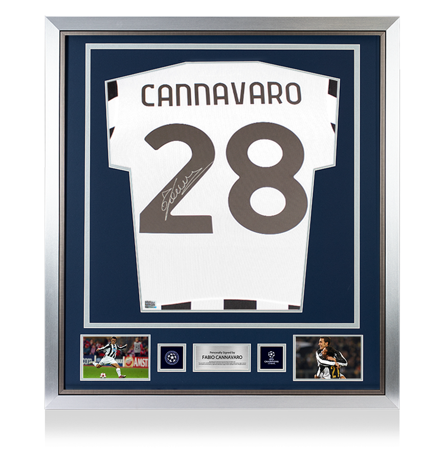Maglia ufficiale della Juventus 2021-22, autografata e incorniciata dal retro ufficiale della UEFA Champions League di Fabio Cannavaro