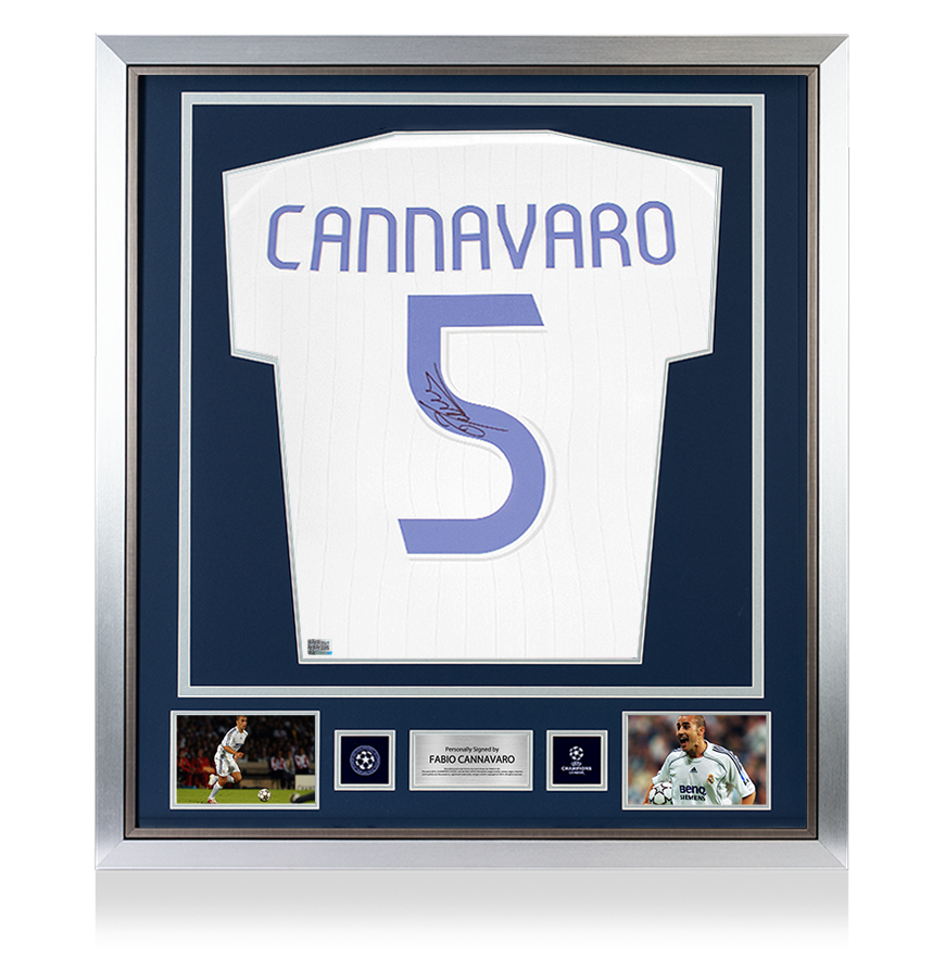 Fabio Cannavaro, offizielles, signiertes und gerahmtes Real Madrid Teamgeist-Trikot der UEFA Champions League