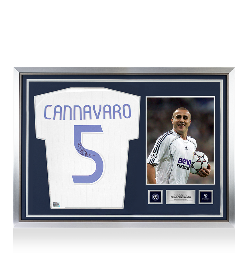 Fabio Cannavaro, offizieller UEFA-Champions-League-Rücken, signiertes und gerahmtes Real Madrid Teamgeist-Trikot
