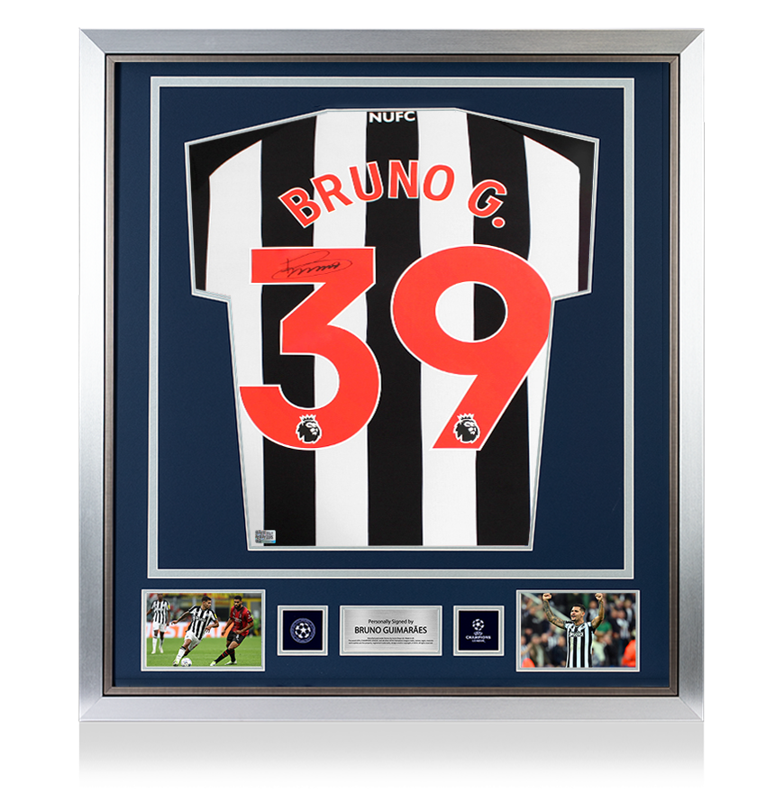 Maglia ufficiale del Newcastle United 2023-24, autografata e incorniciata dal retro della UEFA Champions League di Bruno Guimaraes