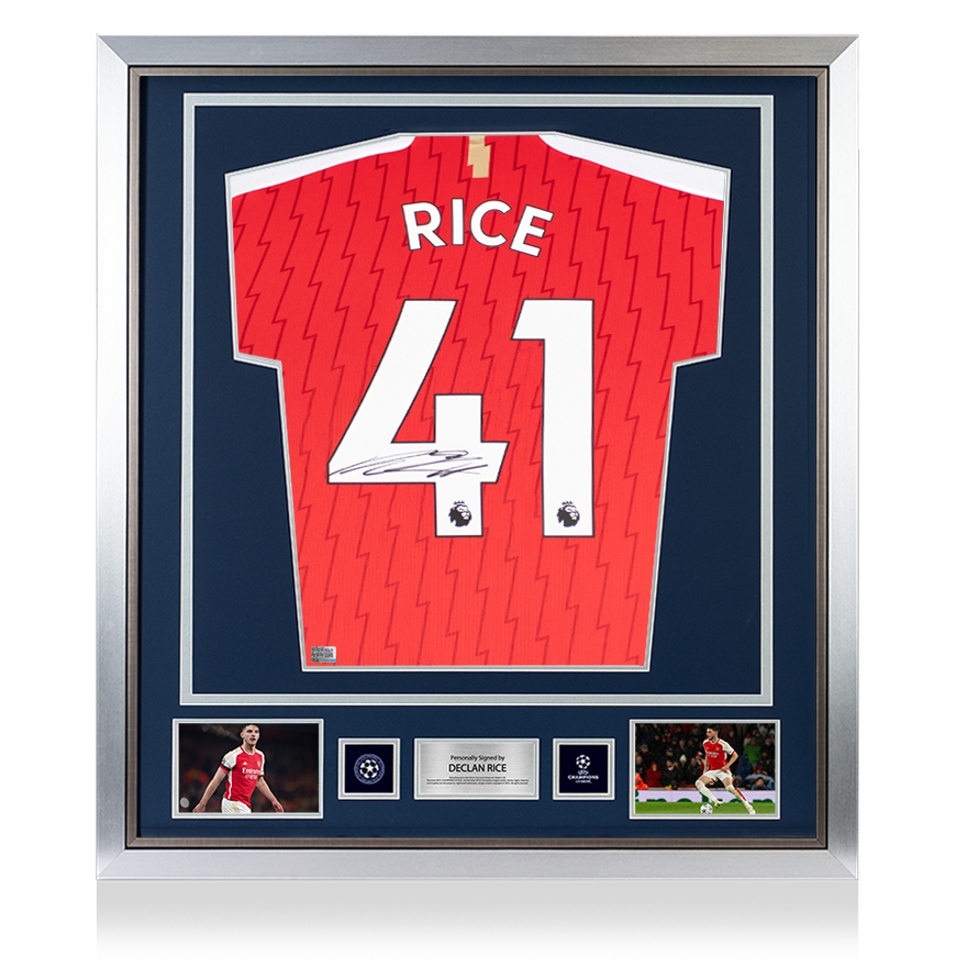 Declan Rice Oficial de la UEFA Champions League firmado y enmarcado Arsenal 2023-24 Camisa de casa