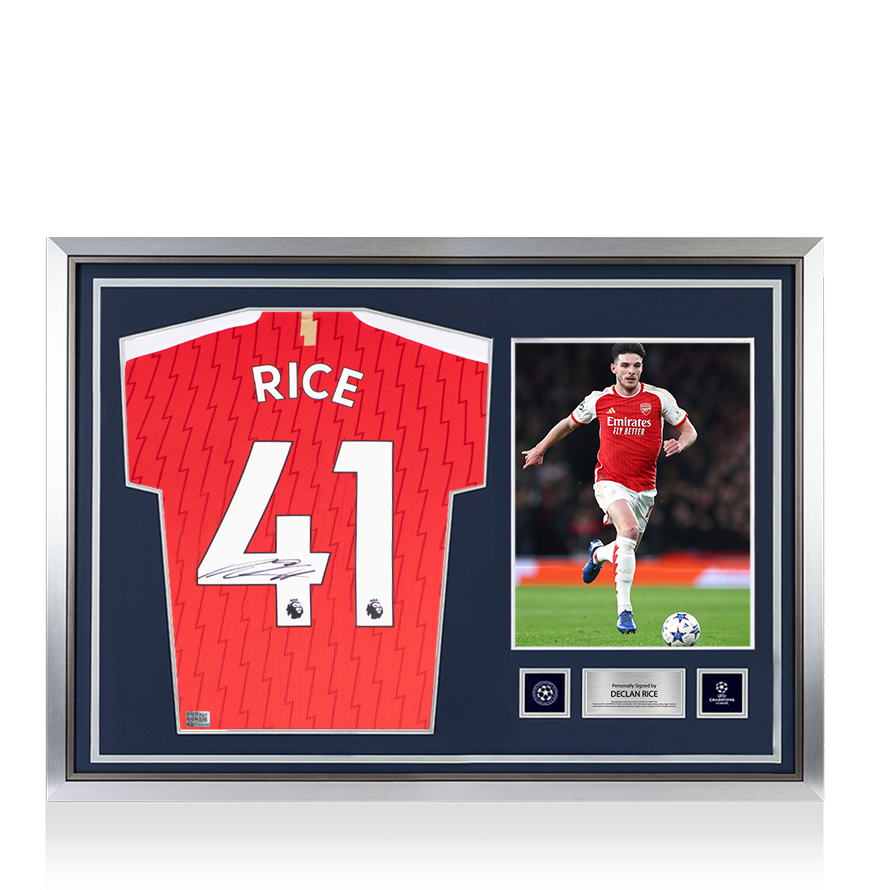 Declan Rice, offizieller UEFA-Champions-League-Rücken, signiert und von Helden gerahmt, Arsenal 2023-24-Heimtrikot