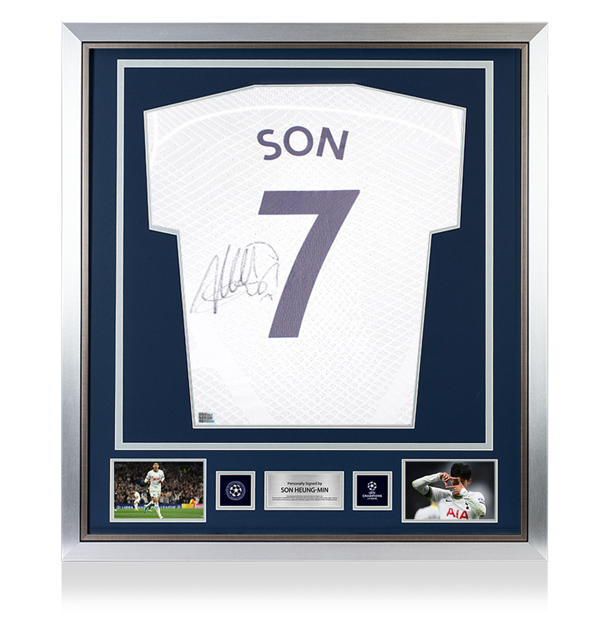 Maglia ufficiale del Tottenham Hotspur 2022-23 di Son Heung-min, autografata e incorniciata dalla UEFA Champions League