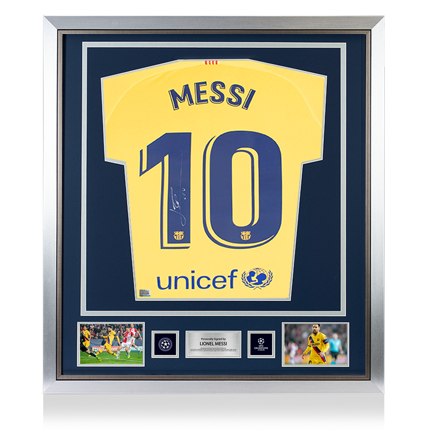 Lionel Messi, offizieller UEFA-Champions-League-Rücken, signiert und gerahmt, Auswärtstrikot des FC Barcelona 2019–20: signiert in Silber