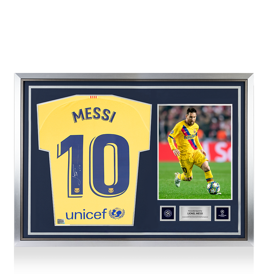 Lionel Messi Official UEFA Champions League Back Signed and Hero Framed FC Barcelona 2019-20 Away Shirt: Signed and Hero Framed In Silver