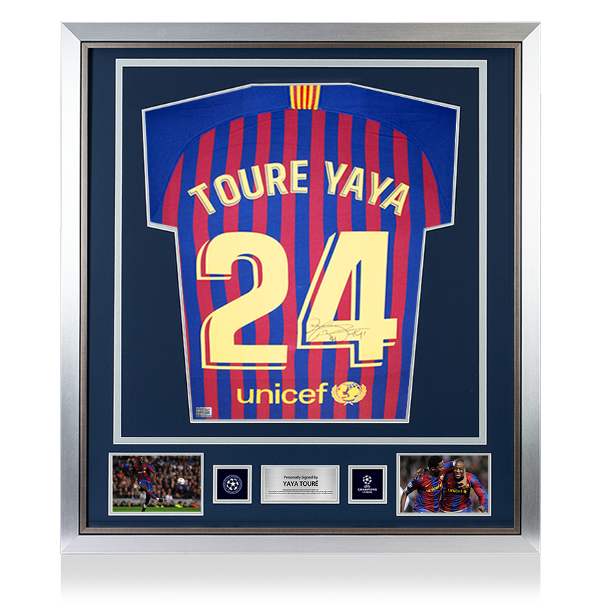 Yaya Toure, offizielles Heimtrikot des FC Barcelona 2018-19 mit der Rückseite der UEFA Champions League, signiert und gerahmt