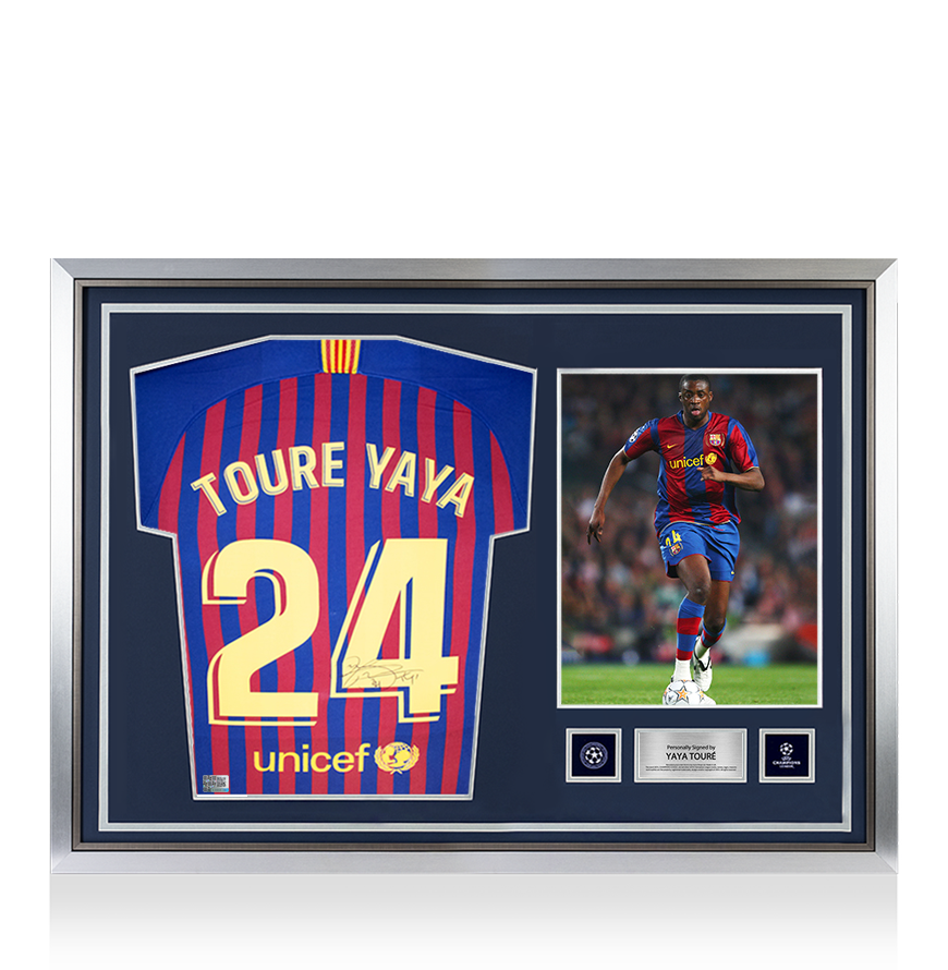 Yaya Toure Toure Oficial de la UEFA Champions League firmado y héroe enmarcado FC Barcelona 2018-19 Camiseta en casa