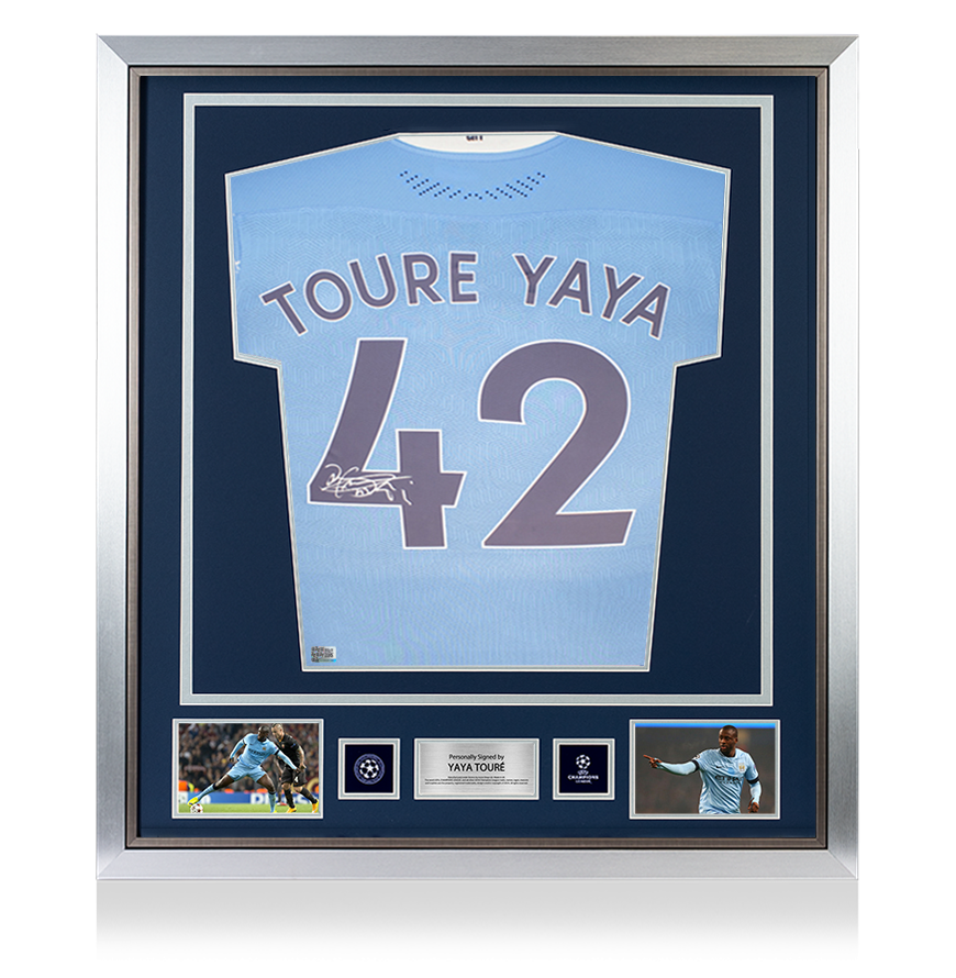 Yaya Toure, offizielles UEFA-Champions-League-Rückentrikot, signiert und gerahmt, Manchester City 2020–21. Authentisches Heimtrikot mit Fan-Nummer
