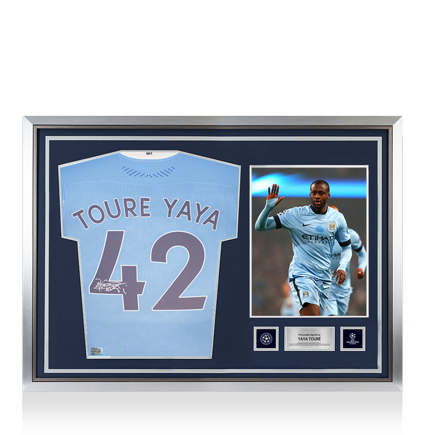Yaya Toure, offizieller UEFA-Champions-League-Rücken, signiert und mit Heldenrahmen versehen. Authentisches Manchester City 2020-21-Heimtrikot mit Fan-Nummer