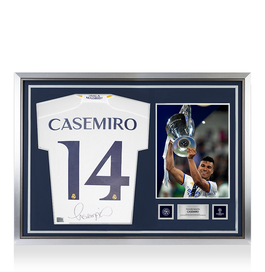 Maglia ufficiale Casemiro della UEFA Champions League autografata sul retro e incorniciata dall&#39;eroe del Real Madrid 2023-24