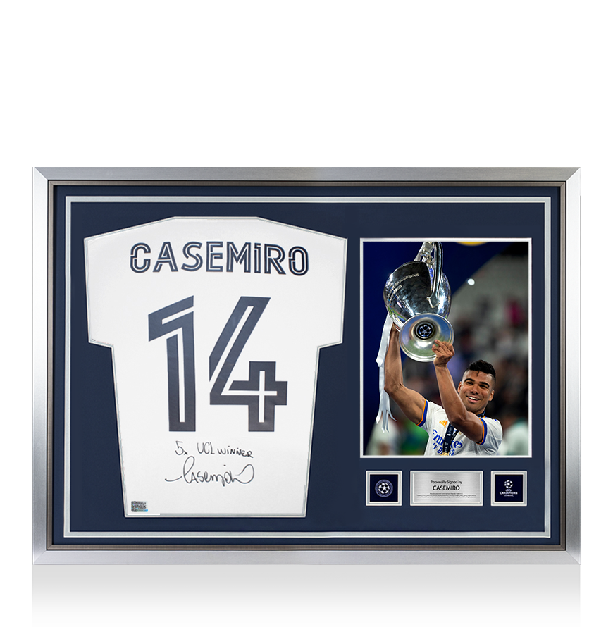 Casemiro Official UEFA Champions League Back Signed and Hero Framed Real Madrid 2020-21 Home Shirt &quot;5x UCL Winner&quot; Inscription