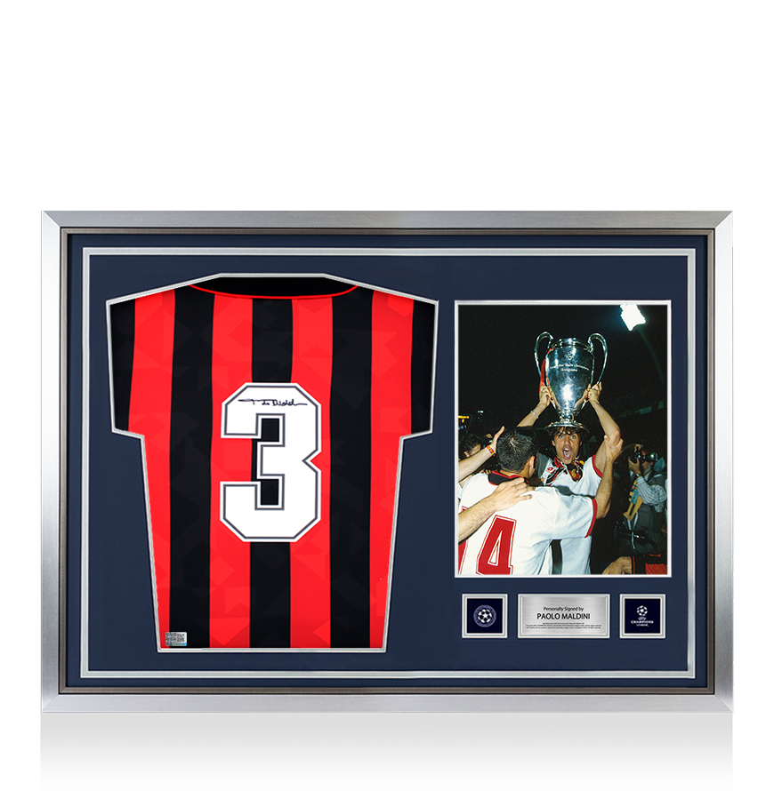 Paolo Maldini Official UEFA Champions League Back Signed and Hero Framed AC Milan 1994 Home Shirt