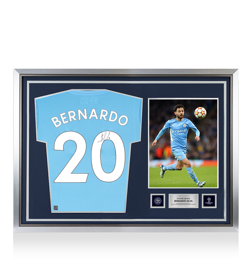 Bernardo Silva Official UEFA Champions League Back Signed and Hero Framed Manchester City 2021-22 Home Shirt UEFA Club Competitions Online Store