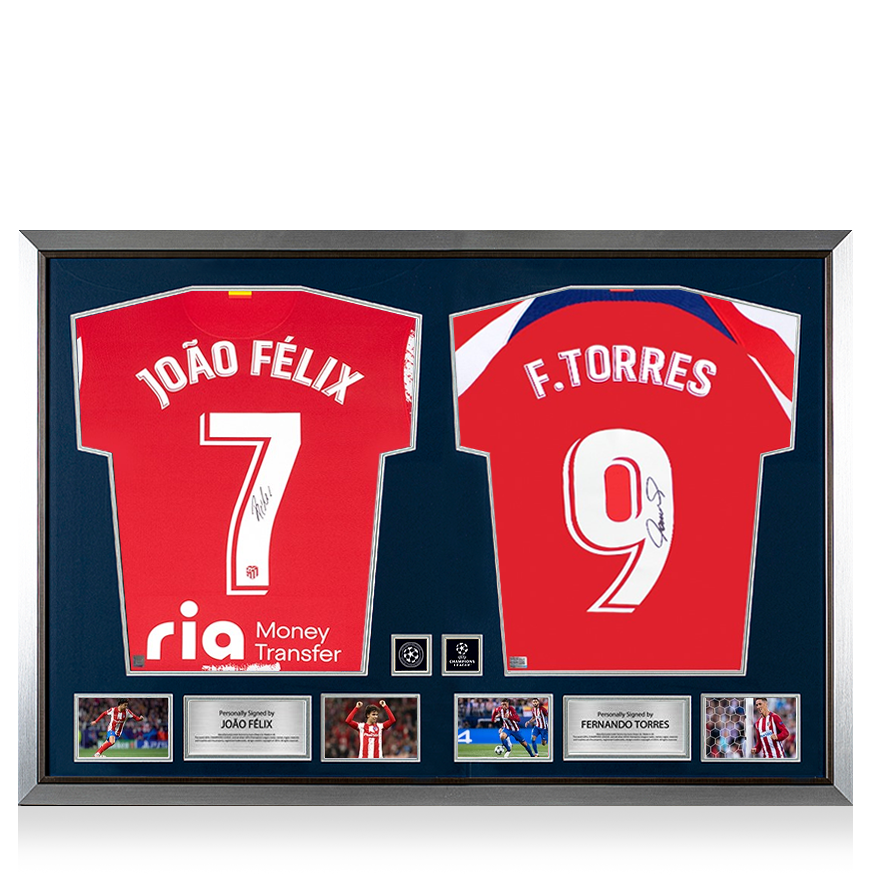 Joao Felix &amp; Fernando Torres Signed Atletico Madrid Shirts In Official UEFA Champions League Dual Frame UEFA Club Competitions Online Store