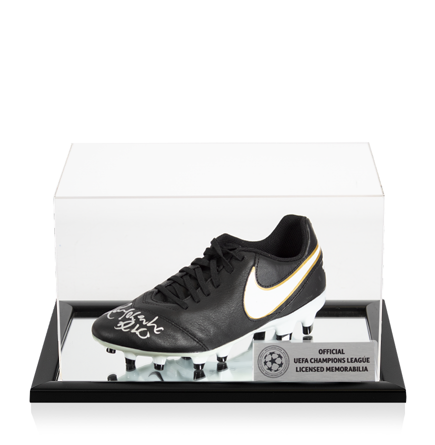Ronaldinhos offizieller signierter schwarzer Nike Tiempo-Schuh der UEFA Champions League in Acrylhülle