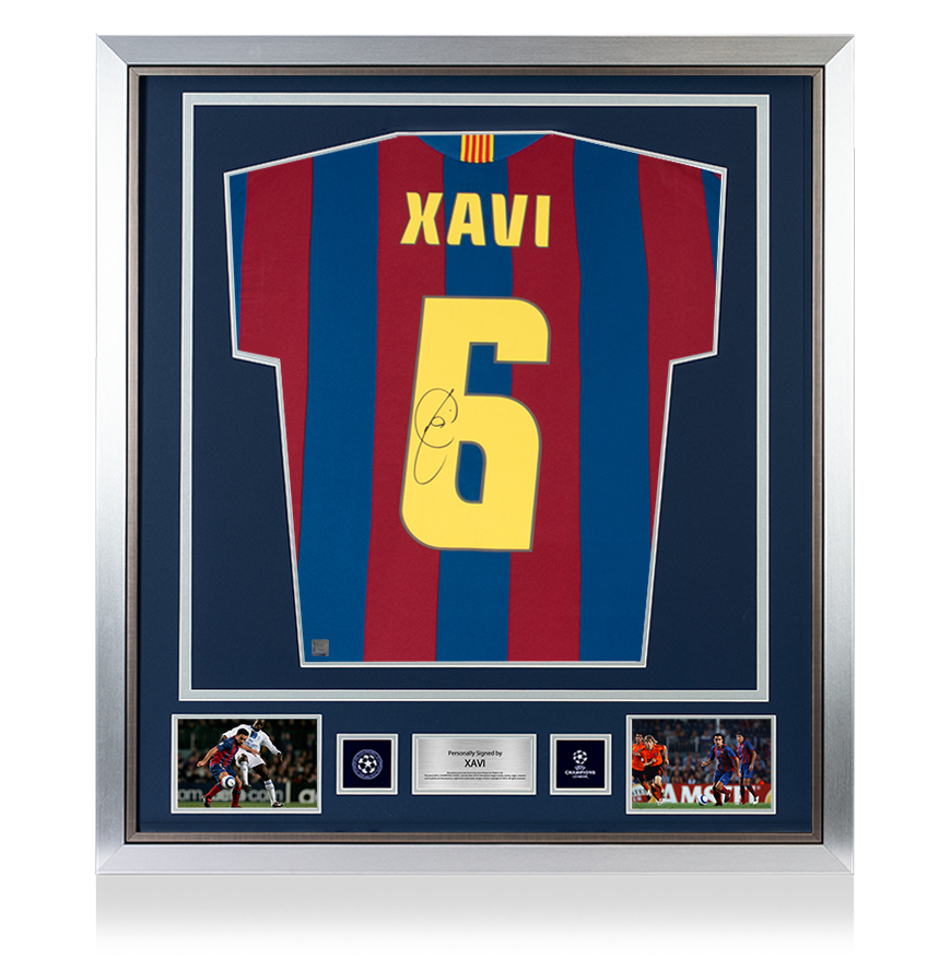 Xavi Official UEFA Champions League Back Signed and Framed FC Barcelona 2005-06 Home Shirt Fan Style With Fan Style Number