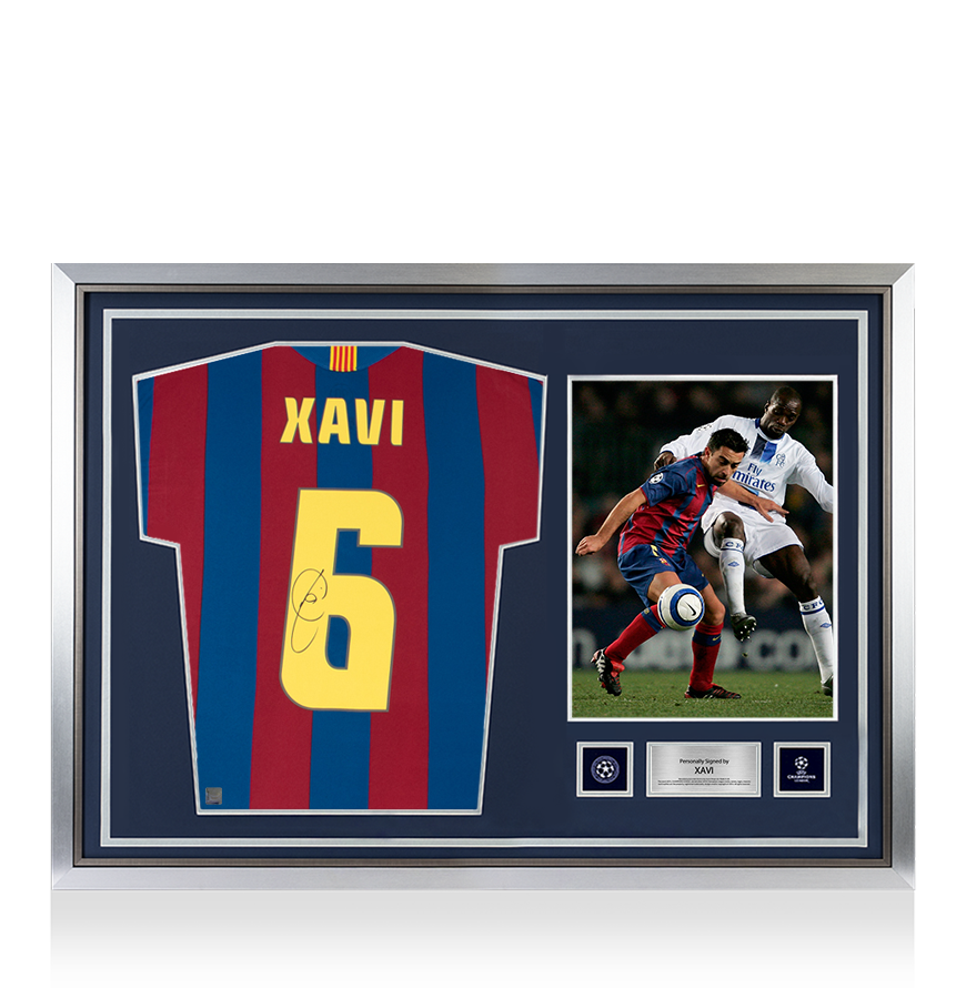 Xavi Official UEFA Champions League Back Signed and Hero Framed FC Barcelona 2005-06 Home Shirt Fan Style With Fan Style Number