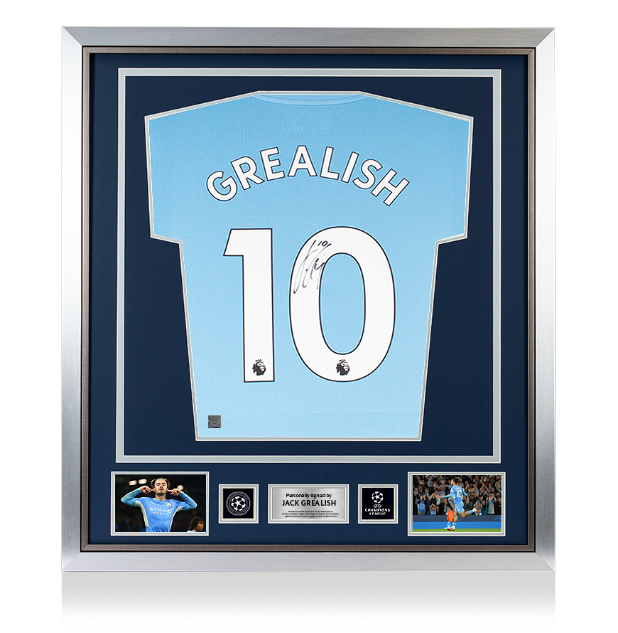 Jack Grealish Official UEFA Champions League Back Signed and Framed Manchester City 2021-22 Home Shirt