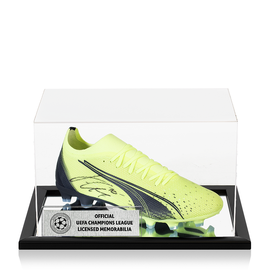 Jack Grealish Official UEFA Champions League Signed Puma Ultra Match Football Boot In Acrylic Case UEFA Club Competitions Online Store