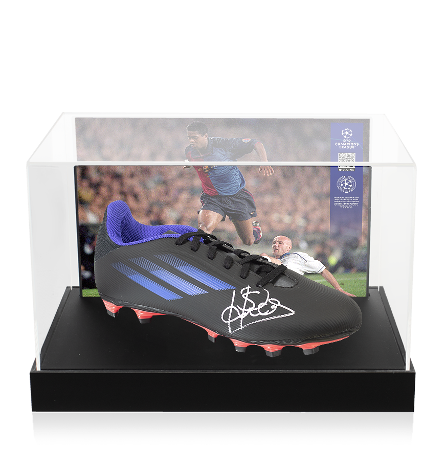 Patrick Kluivert Official UEFA Champions League Signed Black and Blue Adidas Boot In Photo Acrylic Case: Option 1 UEFA Club Competitions Online Store