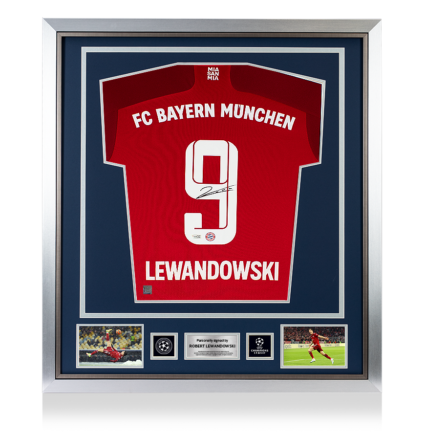 Maglia ufficiale Home della UEFA Champions League 2021-22 del Bayern Monaco, autografata e incorniciata da Robert Lewandowski