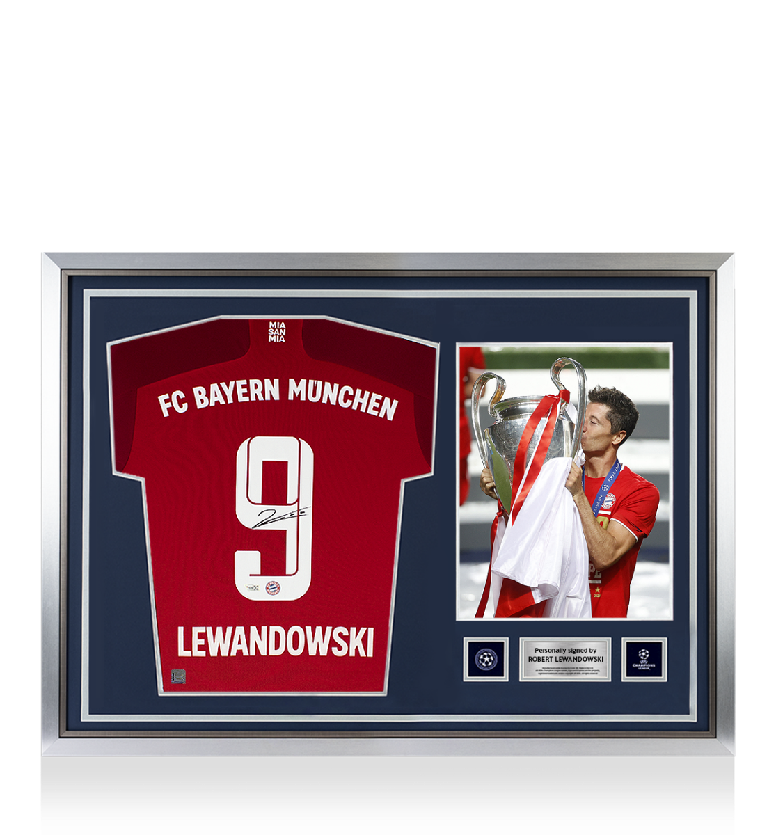 Robert Lewandowski Oficial de la UEFA Champions League Firmado y héroe enmarcado Bayern Munich 2021-22 Camiseta en casa