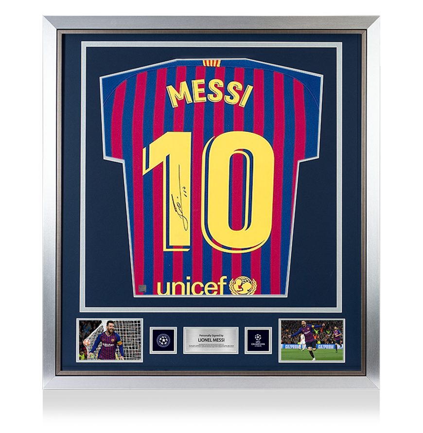 Lionel Messi Oficial de la UEFA Champions League Firmado y enmarcado FC Barcelona 2018-19 Camiseta en casa con números de estilo de fanáticos