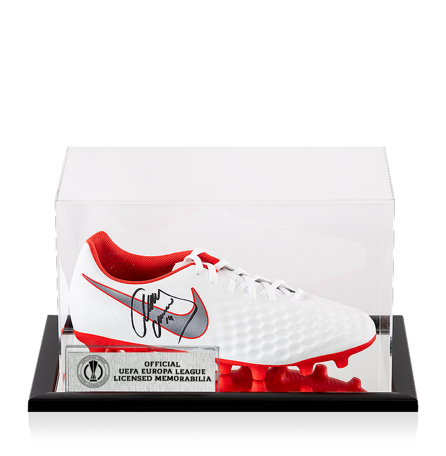 Javier Mascherano Official UEFA Europa League Signed White and Red Nike Magista Boot In Acrylic Case
