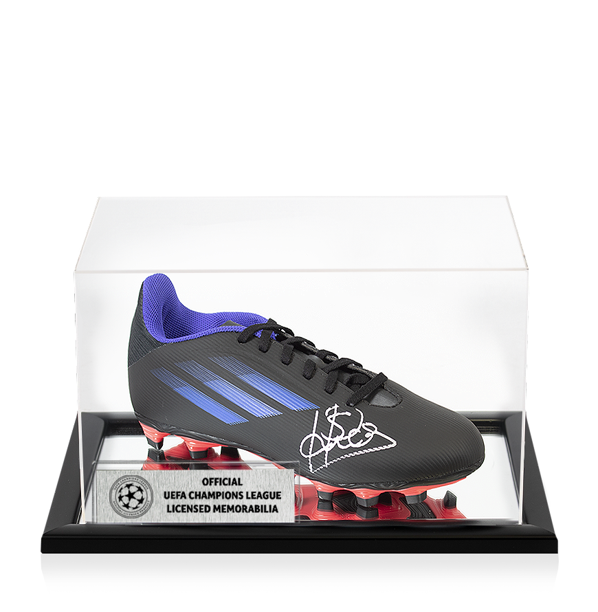 Patrick Kluivert Official UEFA Champions League Signed Black and Blue Adidas Boot In Acrylic Case UEFA Club Competitions Online Store