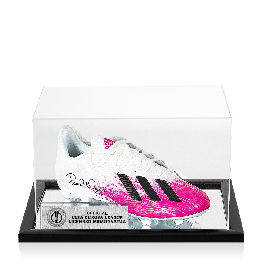 Pavel Nedved Official UEFA Europa League Signed Pink and White Adidas X 19.3 Boot In Acrylic Case