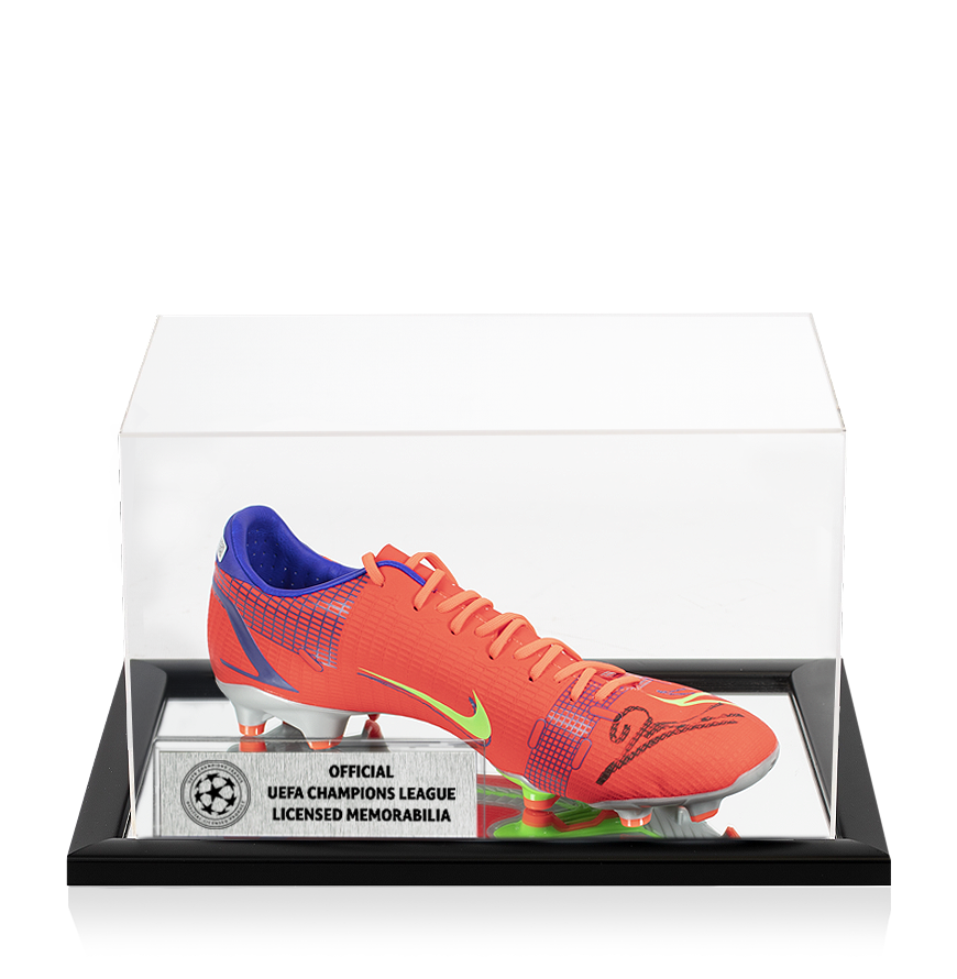 Robert Lewandowski Official UEFA Champions League Signed Red Nike Mercurial Boot In Acrylic Case UEFA Club Competitions Online Store