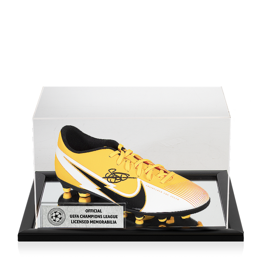 Sergino Dest Official UEFA Champions League Signed Yellow Nike Mercurial Vapor Boot In Acrylic Case UEFA Club Competitions Online Store