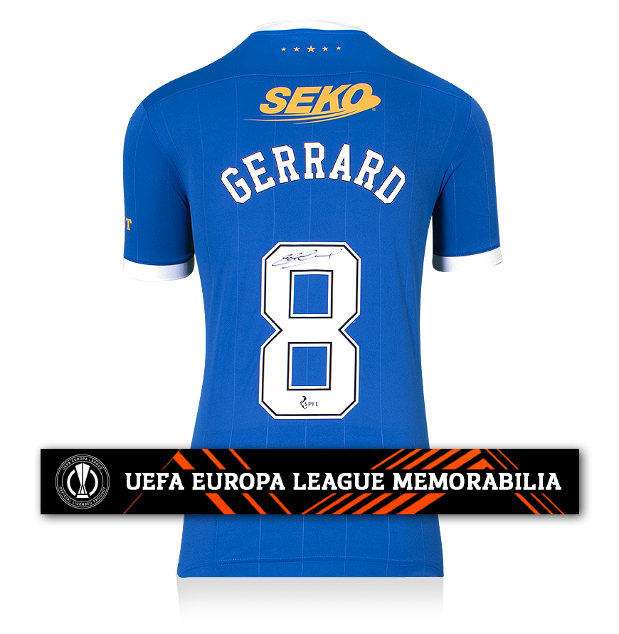 Steven Gerrard Official UEFA Europa League Back Signed Rangers 2021-22 Home Shirt