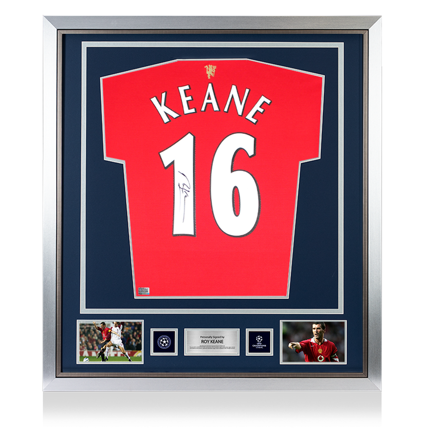 Roy Keane, offizielles Heimtrikot der UEFA Champions League, signiert und gerahmt, Manchester United 2021–22