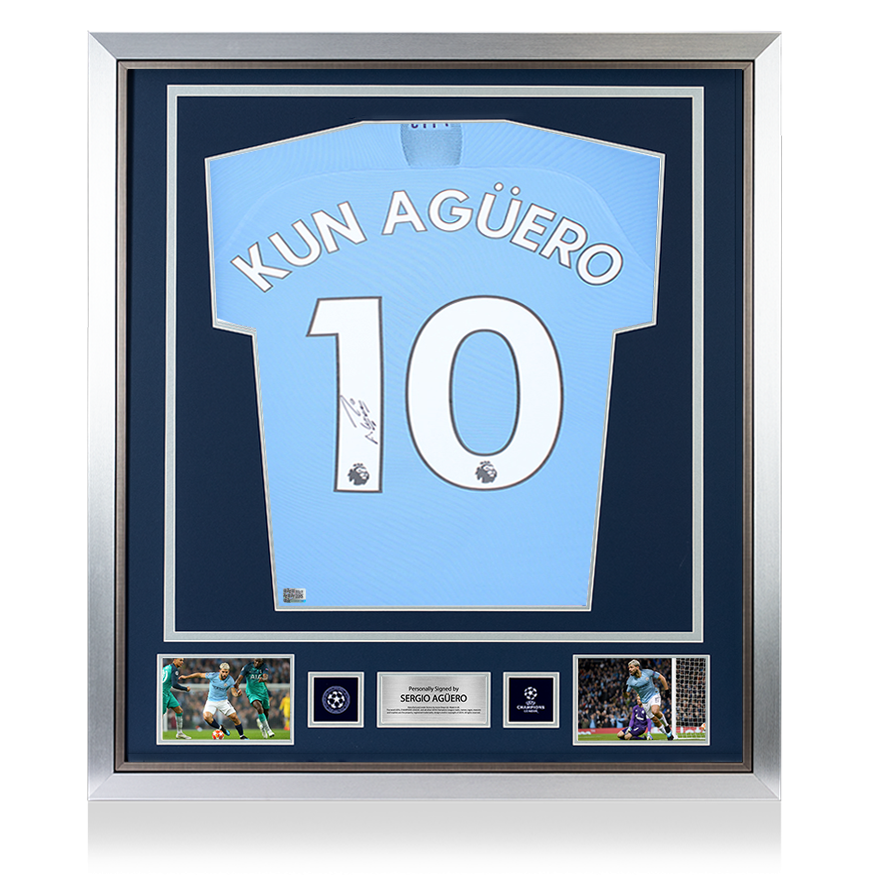 Sergio Aguero, offizielles, signiertes und gerahmtes Manchester City 2019-20-Heimtrikot der UEFA Champions League