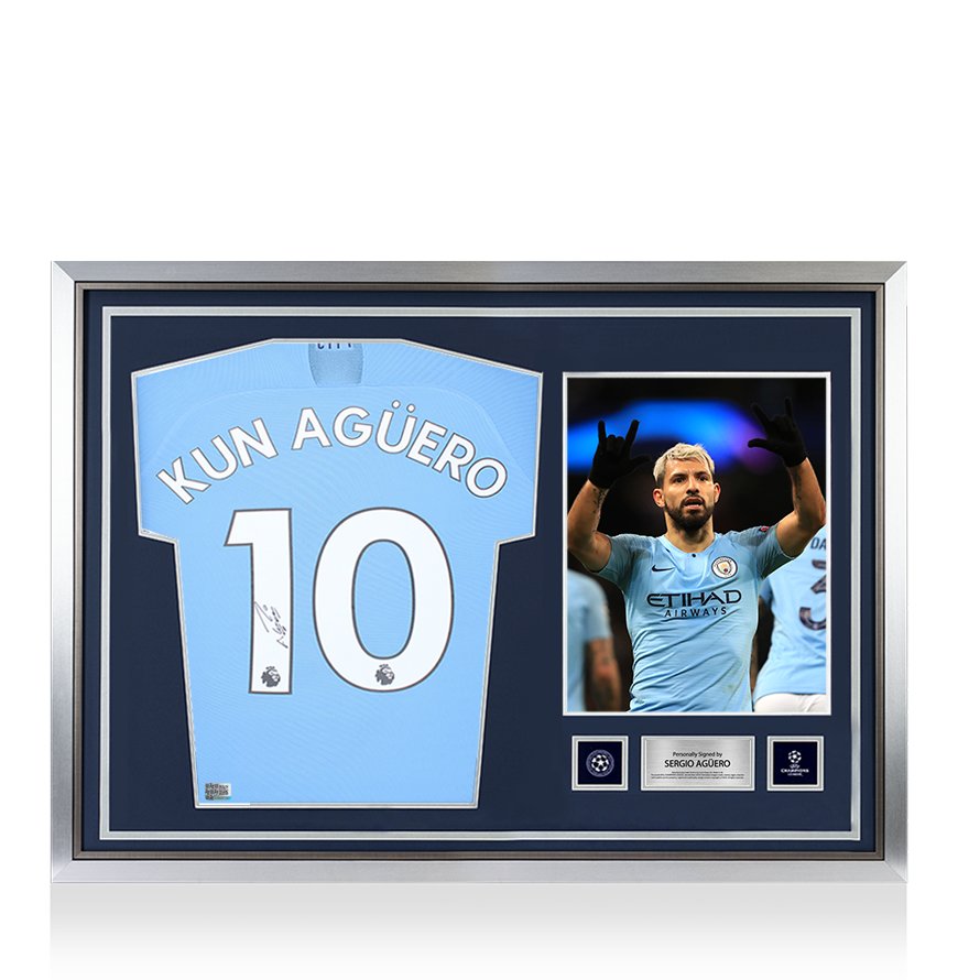 Sergio Agüero Oficial de la UEFA Champions League Firmado y héroe enmarcado Manchester City 2019-20 Camisa de casa
