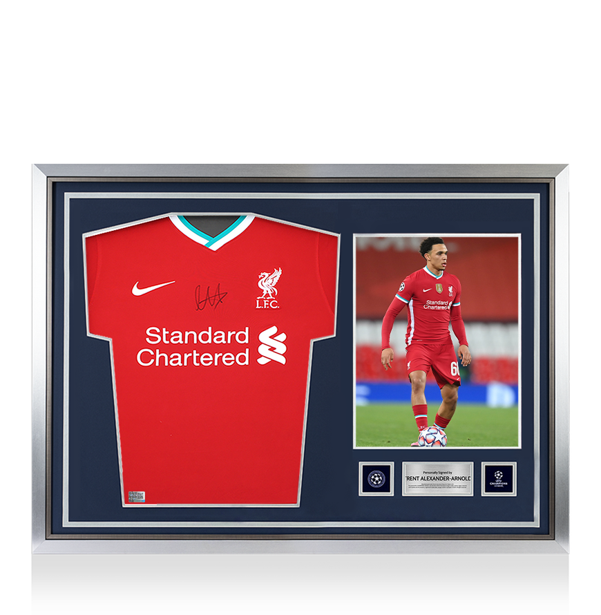 Trent Alexander-Arnold, offizielles UEFA Champions League-Heimtrikot 2020–21 von Liverpool FC, vorne signiert und mit Heldenrahmen versehen