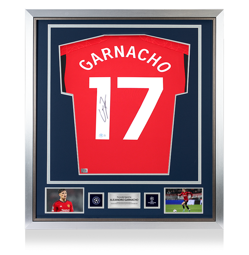 Alejandro Garnacho Official de la UEFA Champions League Firmado y enmarcado Manchester United 2023-24 Camiseta en casa
